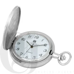 Basketweave Silver Mechanical Charles Hubert Pocket Watch & Chain #3841-W