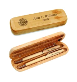 Firefighter S Shield Laser Engraved Maple Wood Double Pen And Box Set