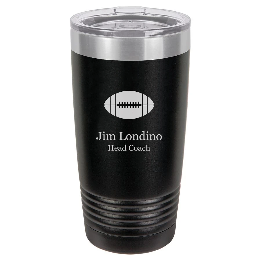 Football Themed 20 Ounce Personalized Black Travel Mug 1 Football Themed 20 Ounce Personalized Black Travel Mug