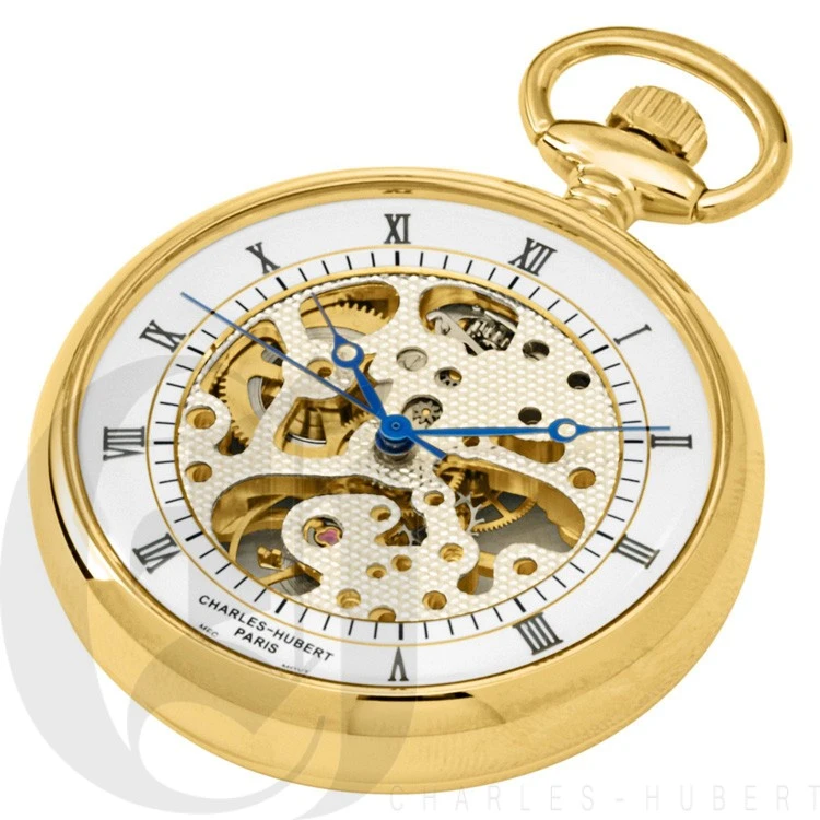 Gold Open Face Charles Hubert Pocket Watch & Chain #3801 4 Gold Open Face Charles Hubert Pocket Watch & Chain #3801 - Image 4
