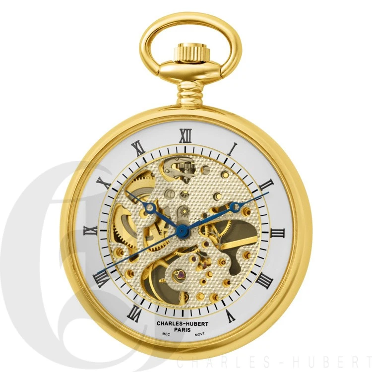 Gold Open Face Charles Hubert Pocket Watch & Chain #3801 1 Gold Open Face Charles Hubert Pocket Watch & Chain #3801