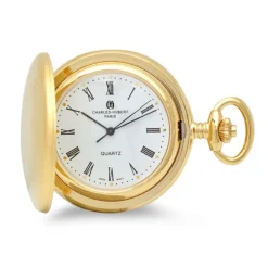 Engraved Gold Charles Hubert Quartz Pocket Watch & Chain #3410