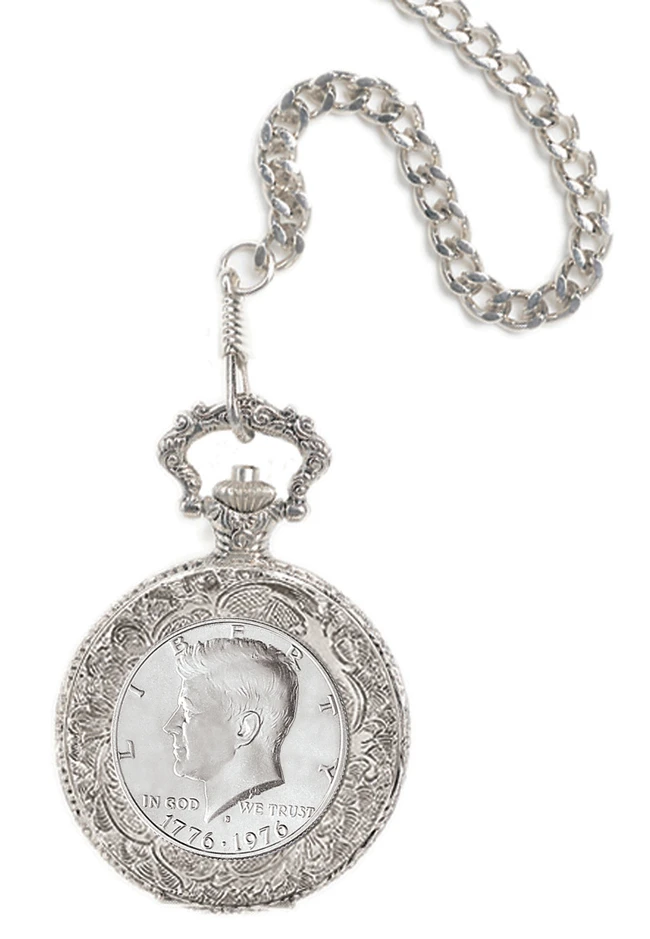 JFK Bicentennial Half Dollar Pocket Watch & Chain 1 JFK Bicentennial Half Dollar Pocket Watch & Chain