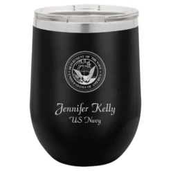Navy Emblem 12 Ounce Black Insulated Stemless Wine Glass`