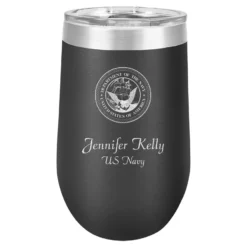 Navy Emblem 16 Ounce Black Insulated Stemless Wine Glass