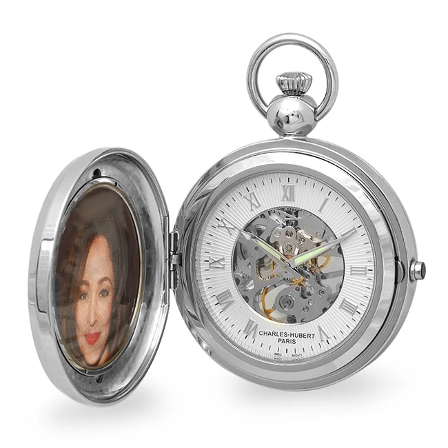 Silver Mechanical Picture Frame Charles Hubert Pocket Watch & Chain #3849 1 Silver Mechanical Picture Frame Charles Hubert Pocket Watch & Chain #3849