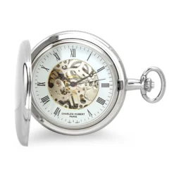 Engraved Silver Mechanical Charles Hubert Pocket Watch & Chain #3576-W