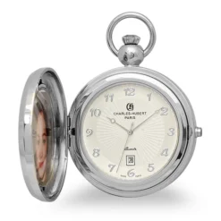 Silver Picture Frame Quartz Charles Hubert Pocket Watch & Chain #3851