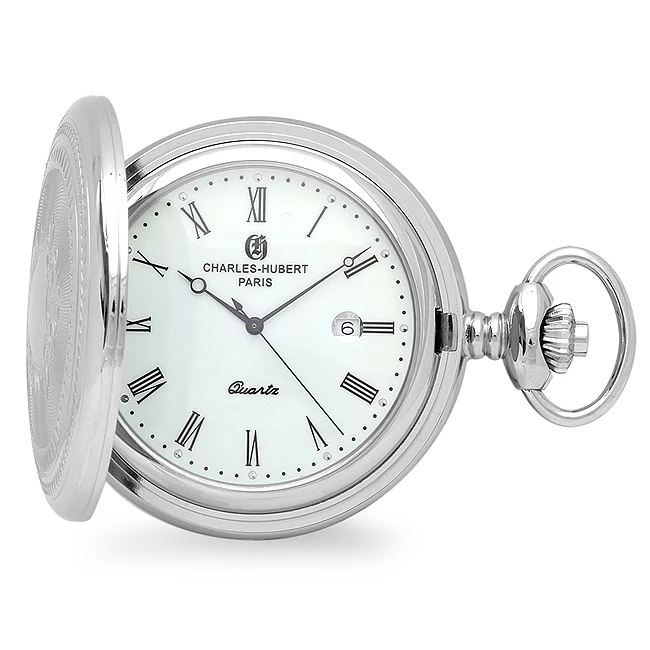 Personalized Silver Quartz Charles Hubert Pocket Watch & Chain #3599-W 1 Personalized Silver Quartz Charles Hubert Pocket Watch & Chain #3599-W