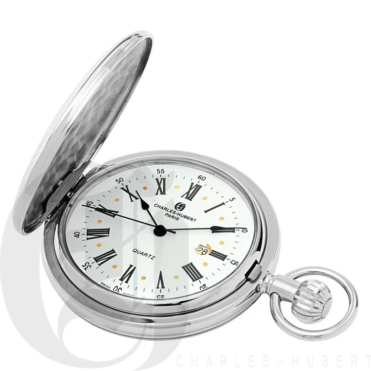 Silver Quartz Charles Hubert Pocket Watch & Chain #3817 1 Silver Quartz Charles Hubert Pocket Watch & Chain #3817