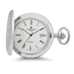 Rhodium Plated Quartz Mens Charles Hubert Pocket Watch & Chain #3726