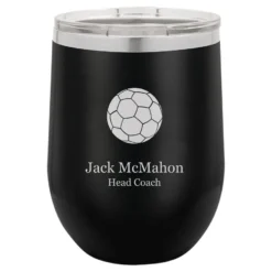 Soccer Themed 12 Ounce Black Personalized Stemless Wine Glass