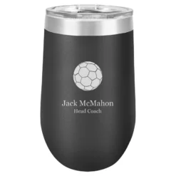 Soccer Themed 16 Ounce Black Personalized Stemless Wine Glass