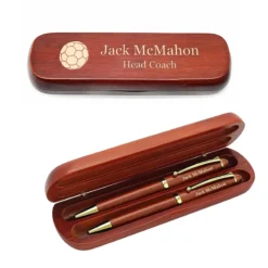 Soccer Themed Laser Engraved Cherrywood Double Pen And B`