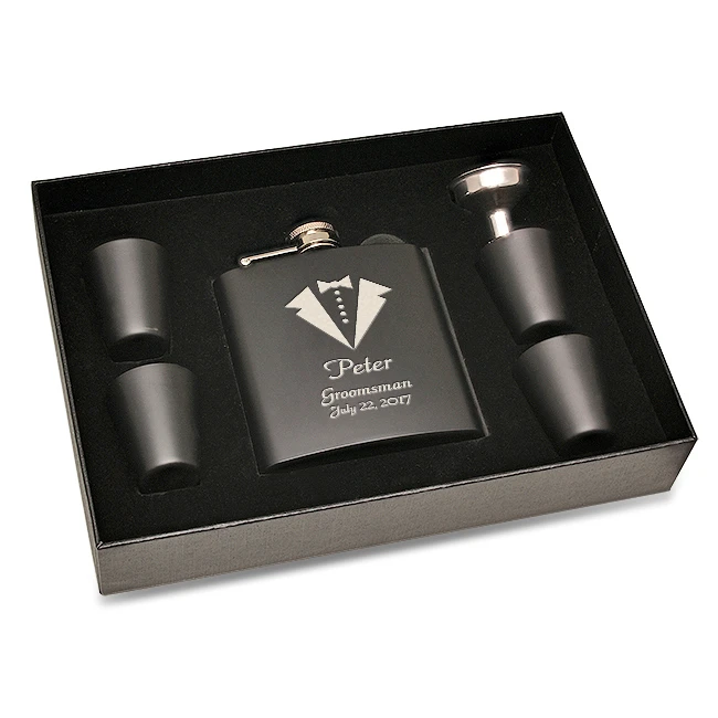 Tuxedo Theme Black Flask Set With Wooden Box 2 Tuxedo Theme Black Flask Set With Wooden Box - Image 2