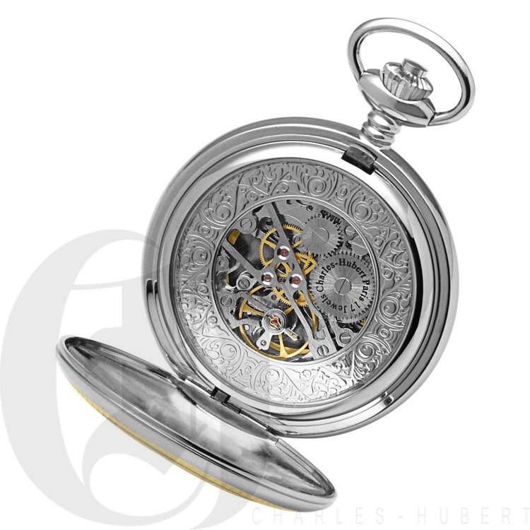 Two Tone Engraved Mechanical Charles Hubert Pocket Watch & Chain #3819 3 Two Tone Engraved Mechanical Charles Hubert Pocket Watch & Chain #3819 - Image 3