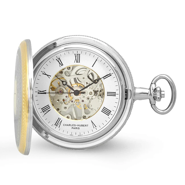 Two Tone Mechanical Charles Hubert Pocket Watch & Chain #3859 1 Two Tone Mechanical Charles Hubert Pocket Watch & Chain #3859
