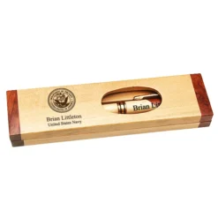 US Navy Maple & Rosewood Engraved Pen And Box