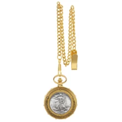 Walking Liberty Half Dollar Goldtone Pocket Watch & Chain -Deals Zippo Gifts Store walking liberty half dollar goldtone pocket watch with train cover on back 94